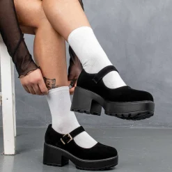 KOI footwear Black Chunky Platform Mary Jane Shoes<Women'S Suede Mary Janes