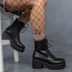 KOI footwear Black Leather Chunky Platform Military Boots In Size 10<Women'S Platform Boots