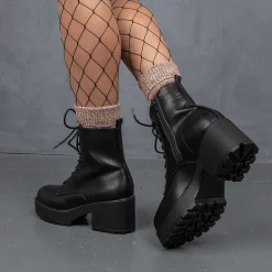 KOI footwear Black Leather Chunky Platform Military Boots In Size 10<Women'S Platform Boots