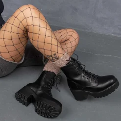 KOI footwear Black Leather Chunky Platform Military Boots In Size 10<Women'S Heeled Boots